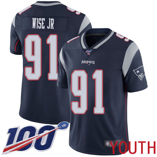 New England Patriots Football #91 100th Limited Navy Blue Youth Deatrich Wise Jr Home NFL Jersey->youth nfl jersey->Youth Jersey